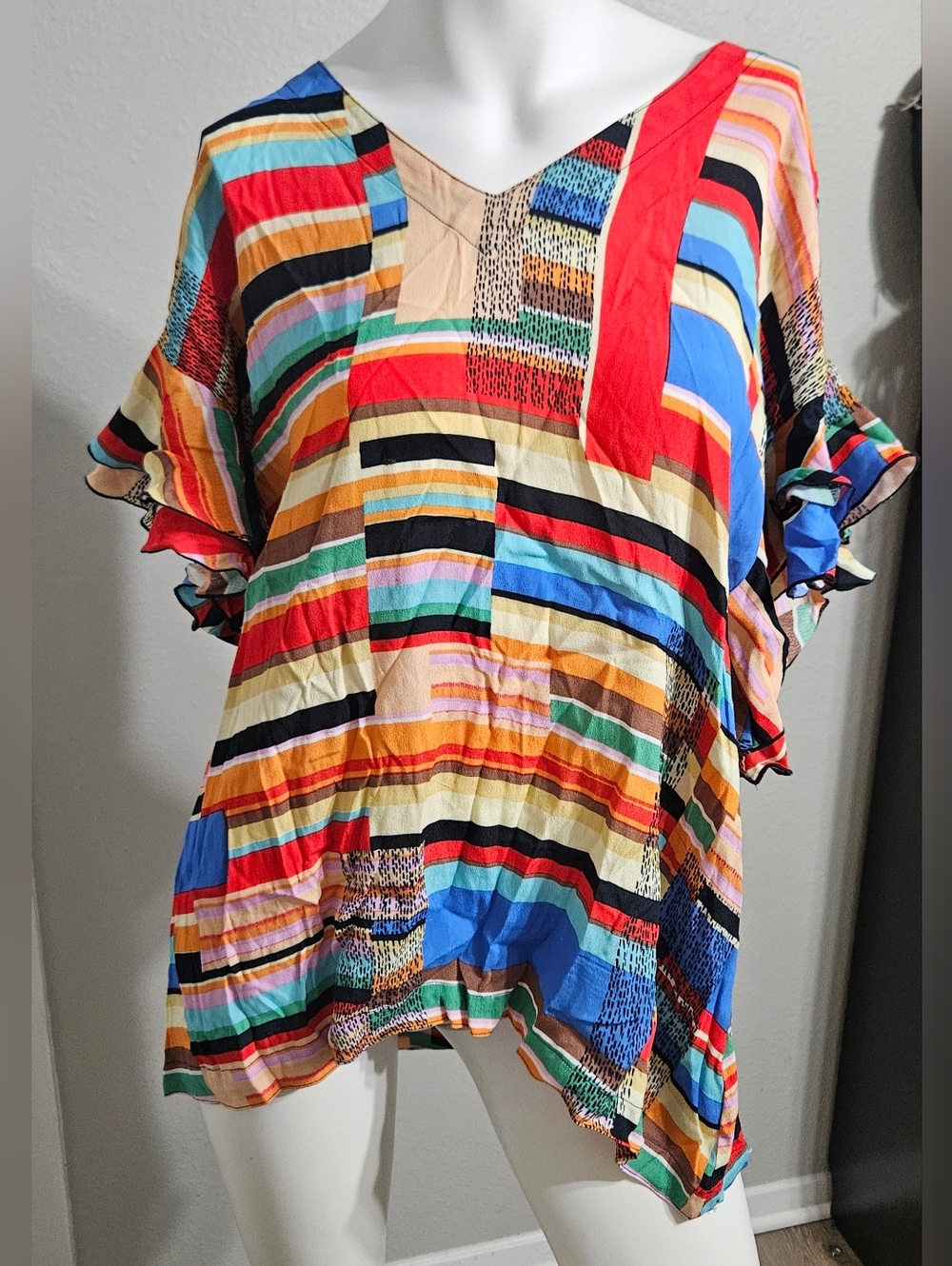 John Mark Colorful Stripe Double Ruffle Flutter Tunic Top M